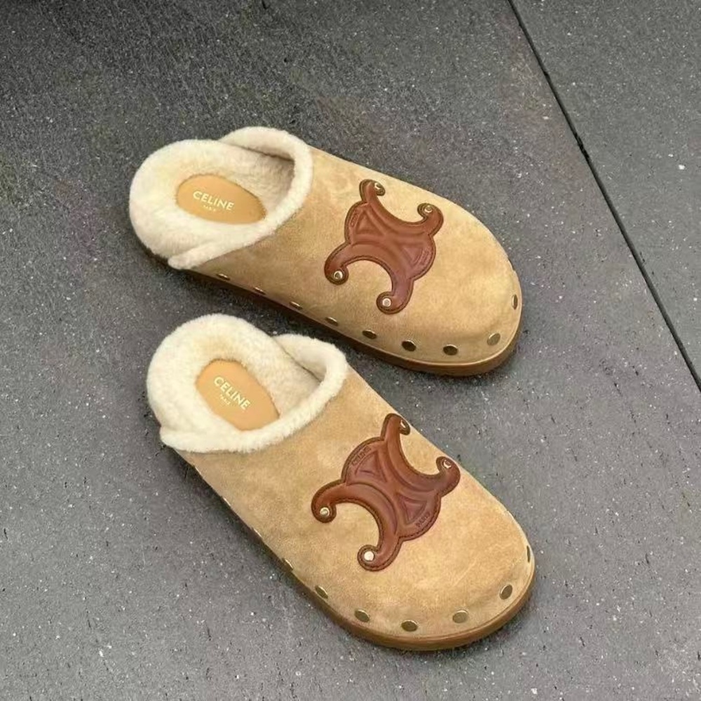 Celine Beige and Brown Shearling Clogs